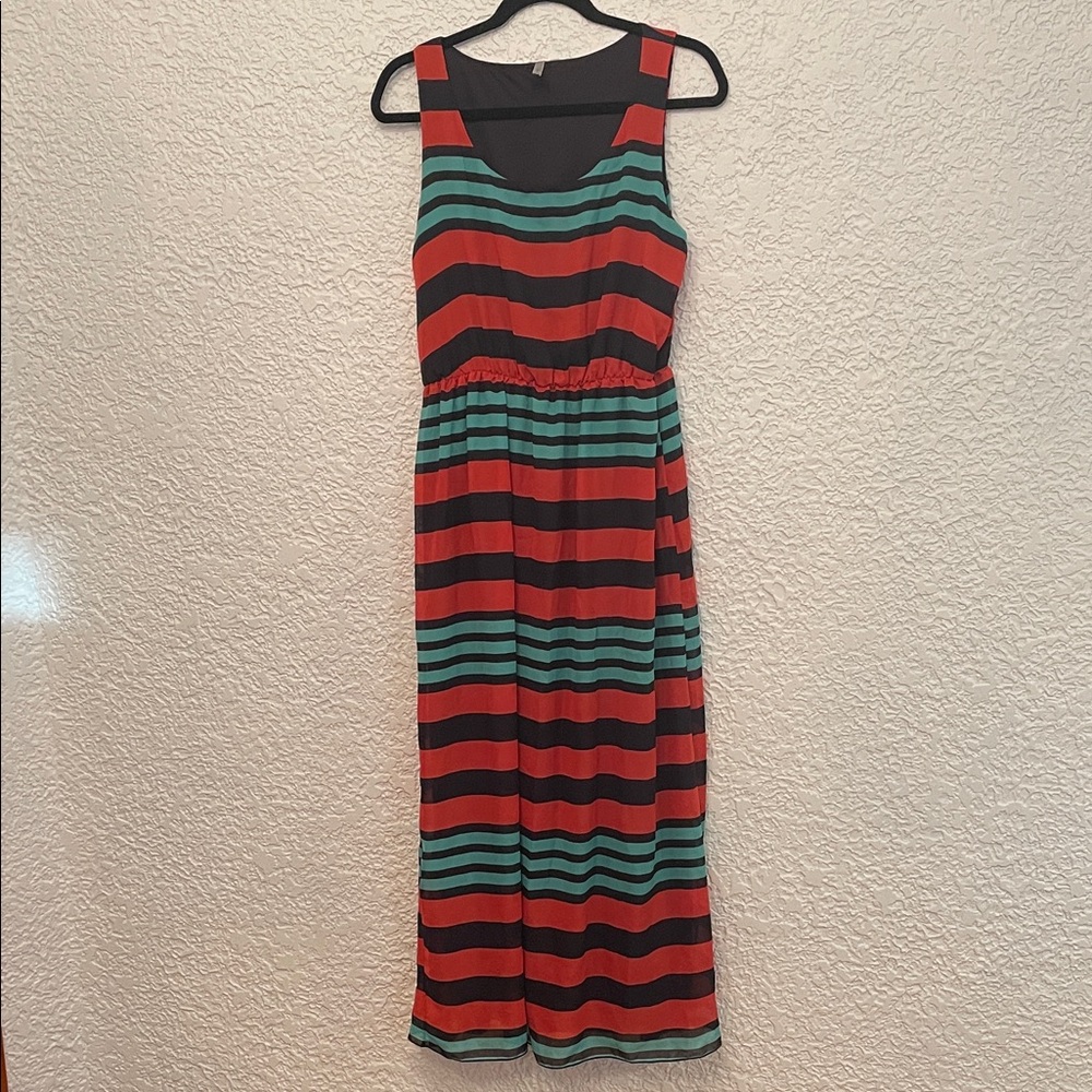 Colour-block Striped Multicolour Sleeveless Long Lightweight Lined Dress Holiday